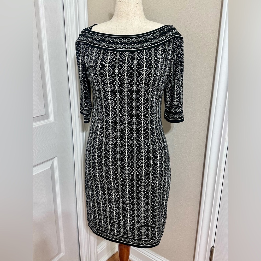 Max Studio Sz L black/white/blue print dress